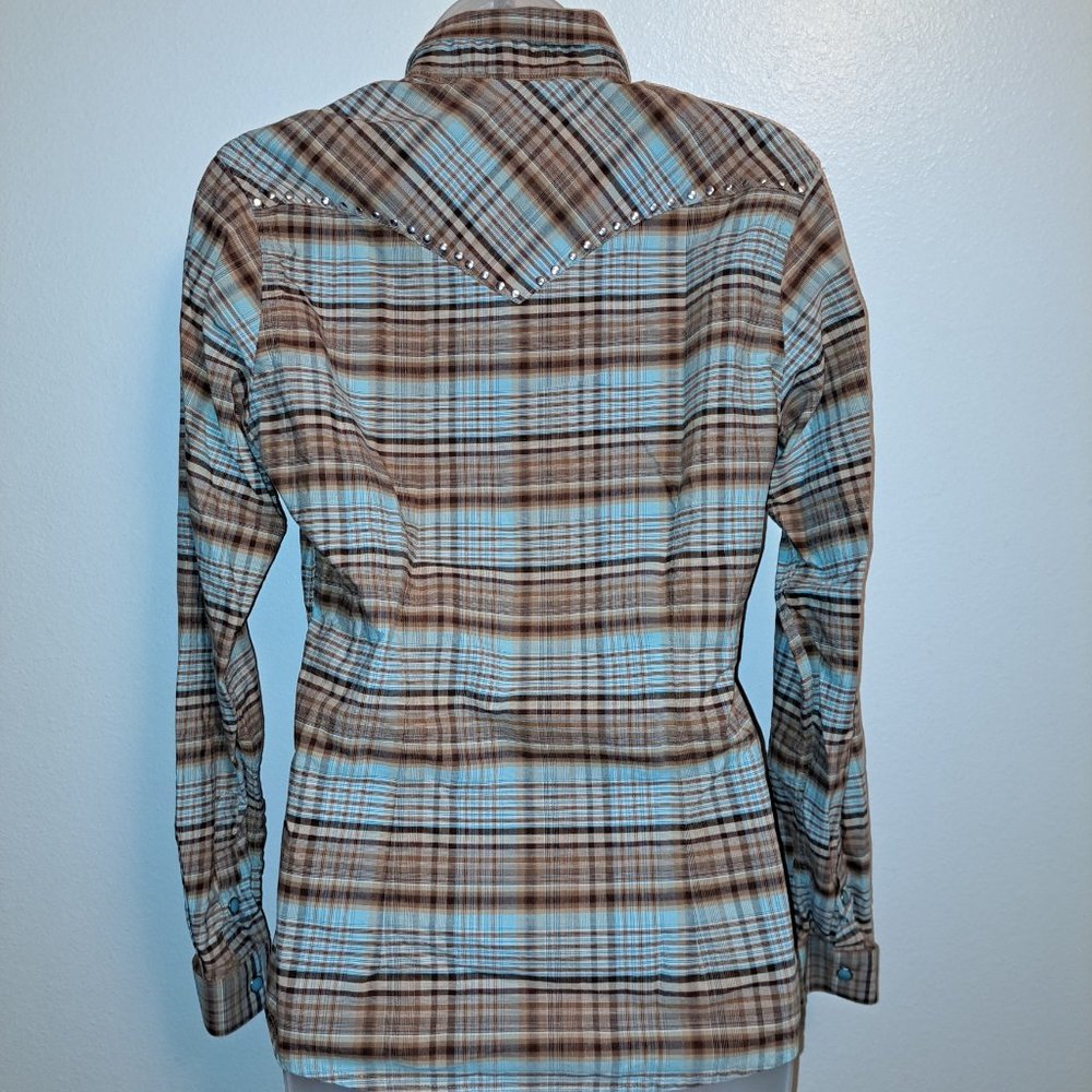ROUGH STOCK~PANHANDLE SLIM~WOMEN'S PEARL SNAP~PLAID WESTERN SHIRT W/STUDS~M - Picture 9 of 13